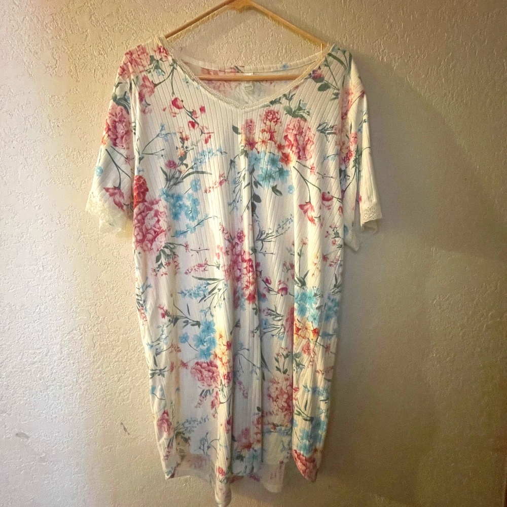 FLORA NIKROOZ  Floral Print Ribbed  Sleep Shirt SZ XL